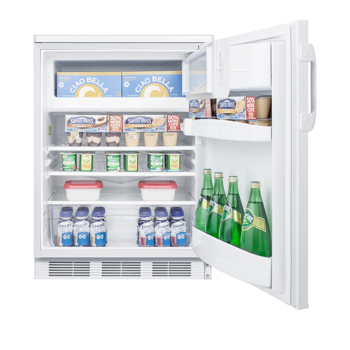 Freestanding refrigerator-freezer for general purpose use, with lock, dual evaporator cooling, cycle defrost, and white exterior